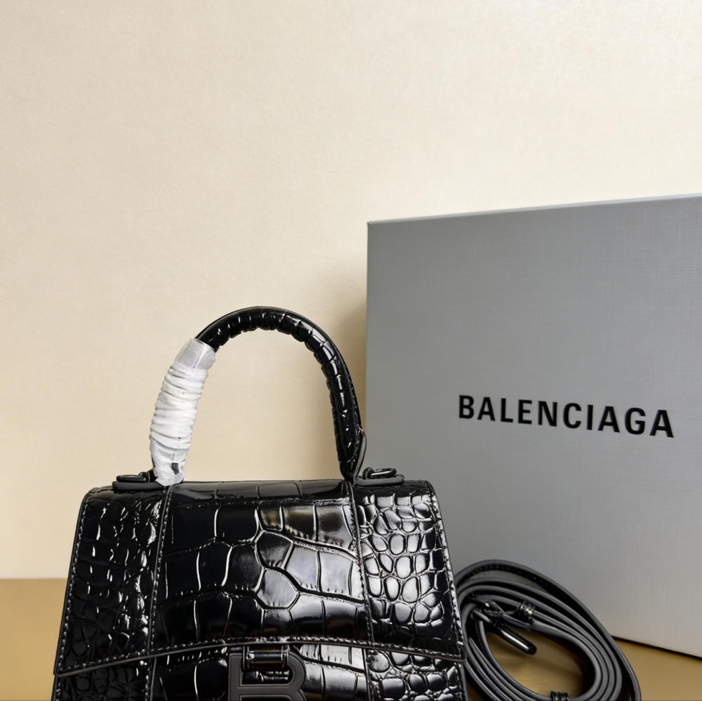 Balenciaga Hourglass XS Black Crocodile Embossed Handbag